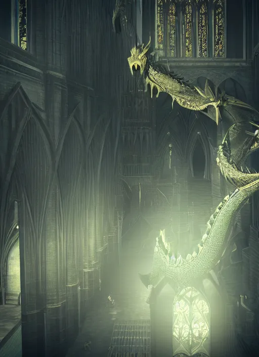 Image similar to a dragon perches atop a cathedral, menacing black dragon, cinematic, volumetric lighting, physically based render