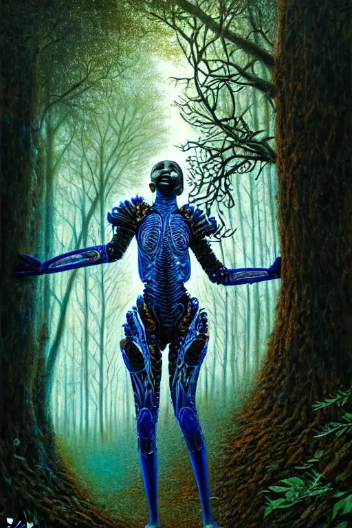 Prompt: ultrarealistic very beautiful! black woman with detailed exoskeleton armor, touching tree in a forest, digital art masterpiece brad kunkle hannah yata dramatic blue light low angle hd 8k sharp focus