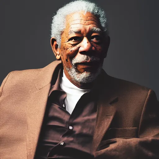 Image similar to a studio photograph of Morgan Freeman dressed as Travis Scott, 40mm lens, shallow depth of field, split lighting