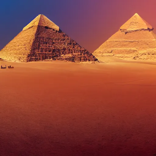 Image similar to a panorama of a futuristic pyramids of giza and sphynx, digital art, trending on artstation