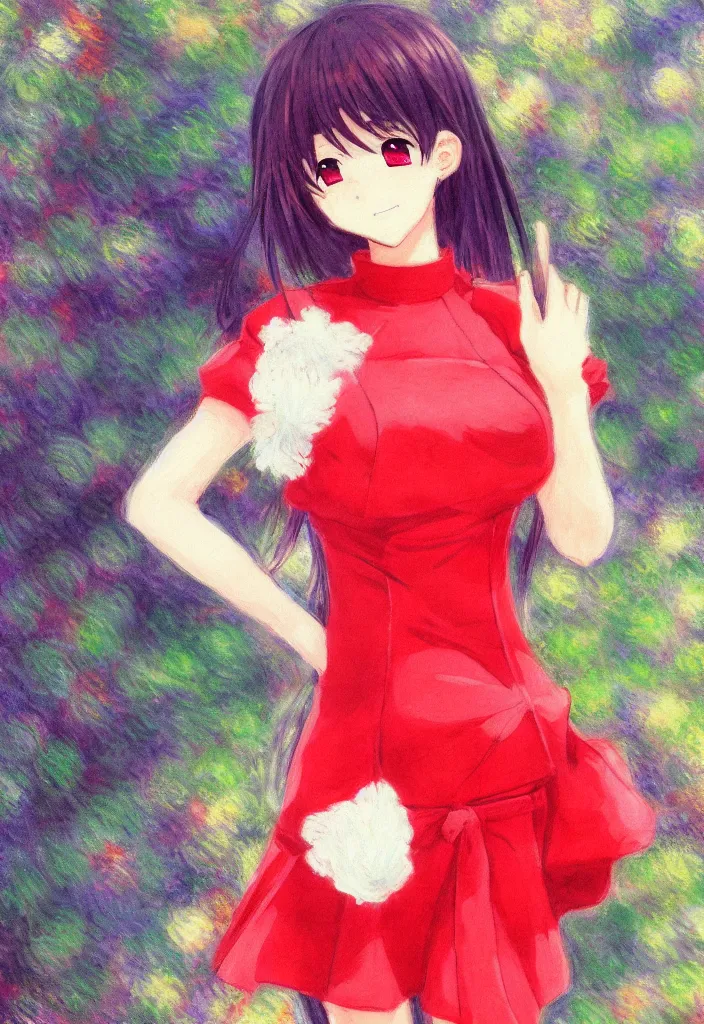 Image similar to medium shot portrait, a cute red outfit, tokyo anime scener, very anime in impressionist style, anime trending artwork, anime painter studio, by claude monet