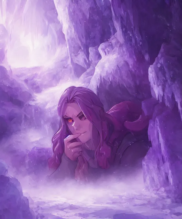 Image similar to The benevolent purple amethyst spirit in a magical crystal icy cave, tense cinematic composition, close up portrait with wide background, by Andreas Rocha