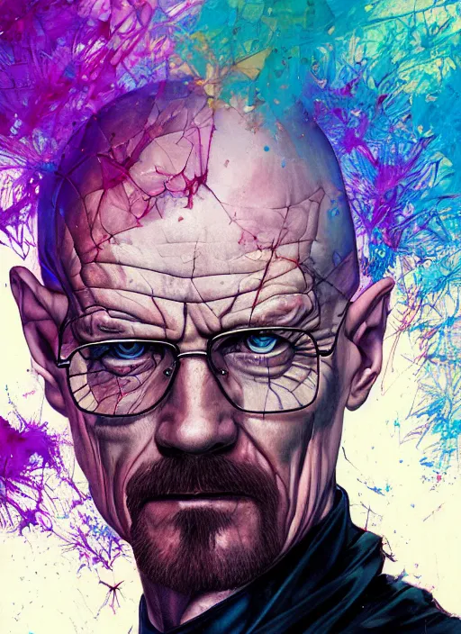 Prompt: a Demon Slayer portrait of Walter White, tall, pale-skinned, crystal blue eyes, chromatic aberration, by Stanley Artgerm, Tom Bagshaw, Arthur Adams, Carne Griffiths, trending on Deviant Art, street art, face enhance, chillwave, maximalist, full of color, glittering