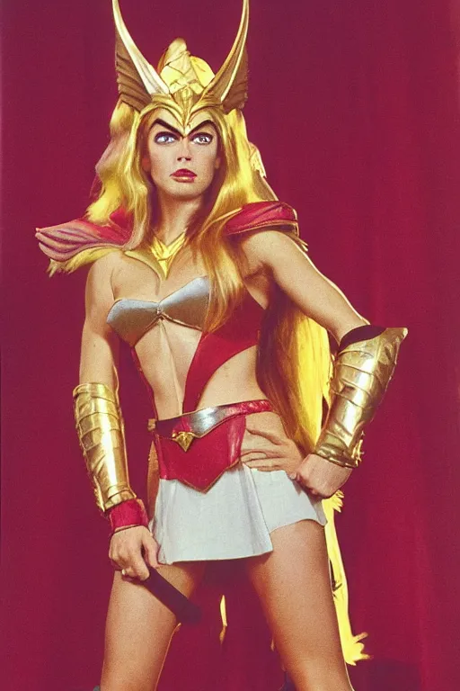 Image similar to she - ra, portrait, full body, symmetrical features, color photo, 1 9 8 5 photograph, kodachrome, aged paper, sergio leone, master prime lenses, cinematic