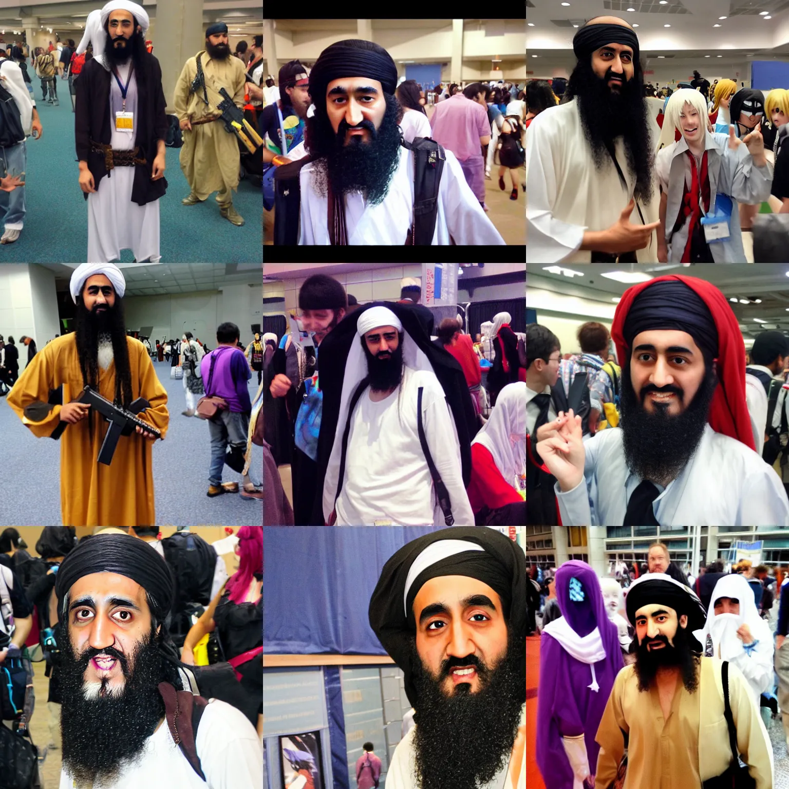 Prompt: Bin laden at an anime convention, happy