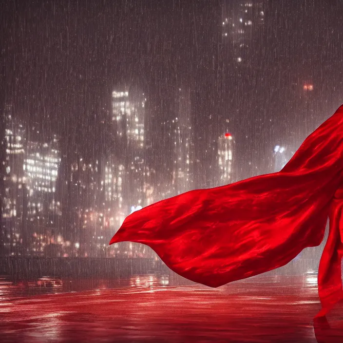 Image similar to a person enveloped in red silk cloth that blows in the wind stands in a dytopian highly detailed city at night, with volumetric lights in the distance and heavy rain falling. atmospheric light, rendering, octane, redshift, artstation