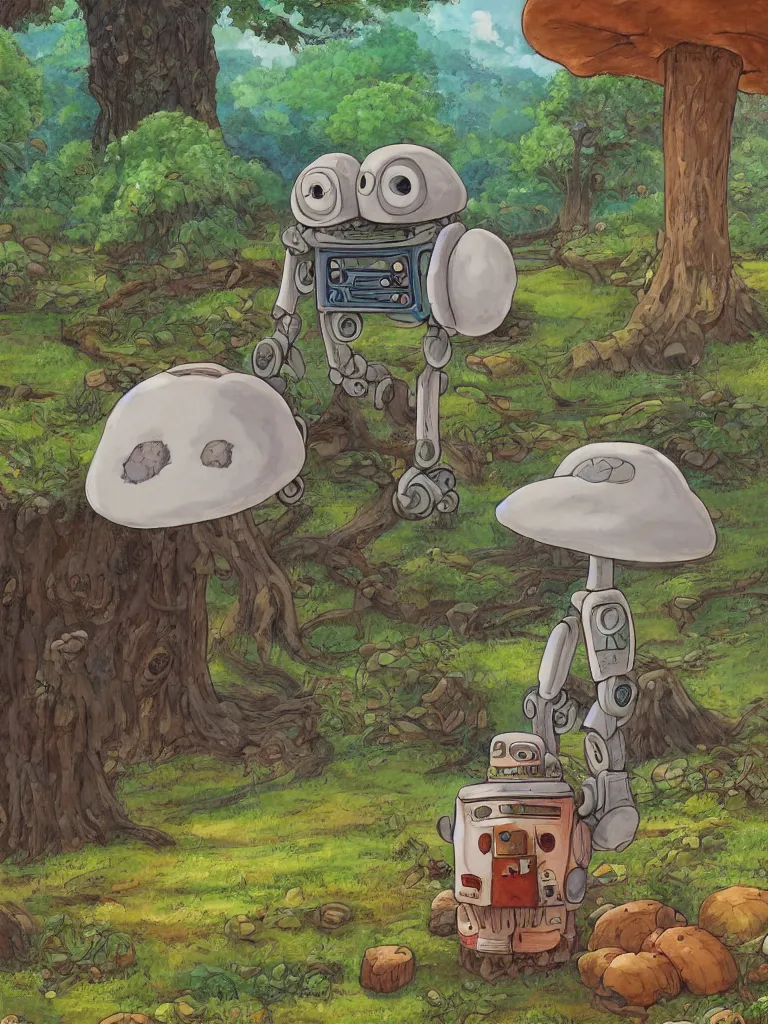 Image similar to portrait painting of a rustic robot sitting under a tree, mushroom, in the style of Studio Ghibli, by Hayao Miyazaki, high quality, detailed, 8k, amazing