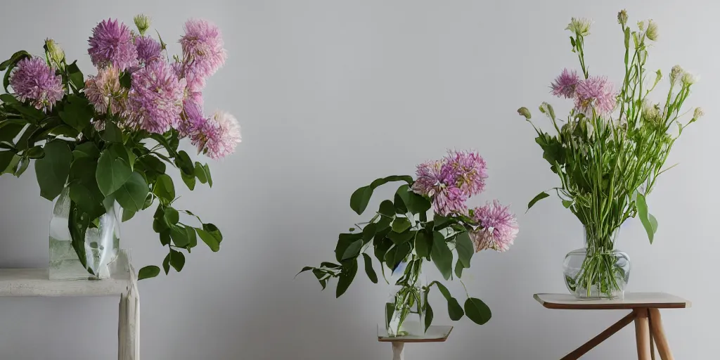 Prompt: glossy big flowers in square vase, modern studio light soft colour, backlight leaves