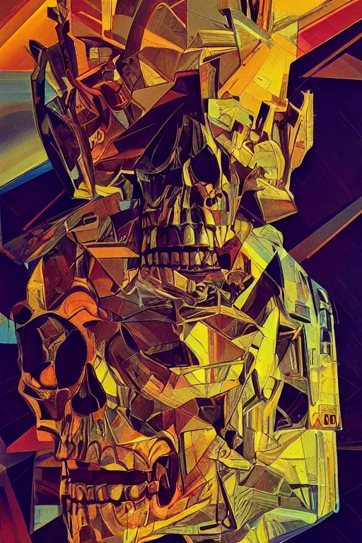 Prompt: wideangle, a portrait of a shattered skull, madness, decoherence, synthwave, glitch!!, fracture, realistic, hyperdetailed, concept art, golden hour, art by syd mead, cubism