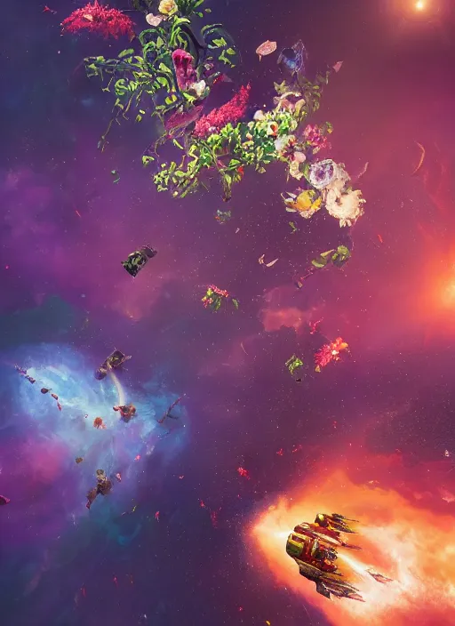 Image similar to An epic fantastic realism comic book style painting of the most beautiful flowers launched into space, bouquets, glorious galactic collision, sharp focus, fisheye, unreal 5, DAZ, hyperrealistic, octane render, dynamic lighting