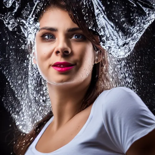 Prompt: zaftig woman wearing a white t - shirt in the pouring rain, professional model, studio lighting, 4 k, 8 k, hdr