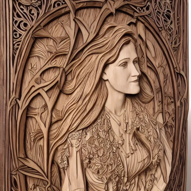 Prompt: a 3 d bas - relief wooden art nouveau carved sculpture of a young molly ringwald with long hair blowing in the wind, in front of a delicate tracery pattern, intricate and highly detailed, well - lit, ornate, realistic