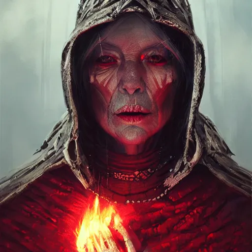 Prompt: a beautiful portrait of an ancient elderly necromancer queen, embers, skeletal, red-fabric, red-eyes, by Greg Rutkowski and Raymond Swanland, Trending on Artstation, ultra realistic digital art