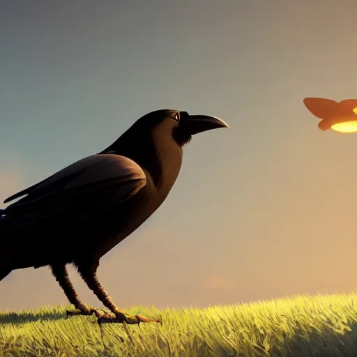 Image similar to a wholesome animation key shot of a crow on a hill, simetrical medium shot, studio ghibli, pixar and disney animation, sharp, rendered in unreal engine 5, anime key art by greg rutkowski, bloom, dramatic lighting