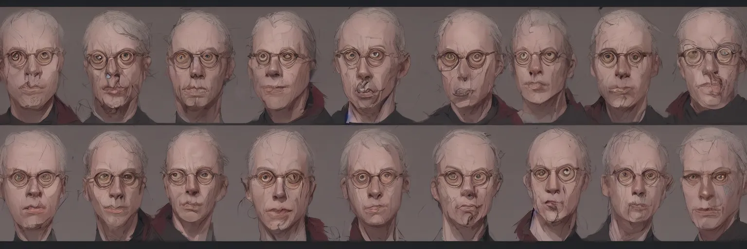 Image similar to colorful character faces, realistic todd solondz faces, character sheet, fine details, concept design, contrast, kim jung gi, greg rutkowski and da vinci, trending on artstation, 8 k, emotional, face turnaround, front view, back view, side view, ultra wide angle