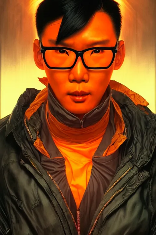 Image similar to an east asian man with short black hair, broad shoulders, thick round spectacles, wearing a bright orange bomber jacket, seductive cyberpunk dark fantasy, art by artgerm and karol bak and moebius and alphonse mucha and greg rutkowski, hyperdetailed, ultrarealistic, octane render