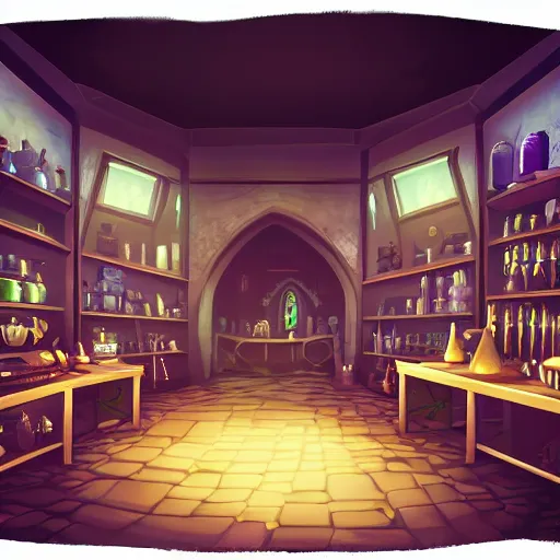 Image similar to inside a magical item shop, fantasy potion vendor interior, ufotable studio art style, wide angle, gothic interior