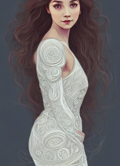 Prompt: long shot, woman posing, short wavy hair, round face, intricate white dress, cottagecore!!, inside water, intricate, enlightened, highly detailed, digital painting, artstation, concept art, smooth, sharp focus, illustration, inspired by artgerm, by marat safin, and alphonse mucha