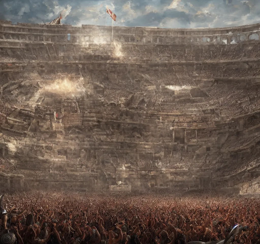 Image similar to Roman Gladiator at battle in a giant coliseum filled with cheering fans, wide angle shot, Flags on pillars , cinematic lightning, medium shot, mid-shot, highly detailed, trending on artstation, Unreal Engine 4k, cinematic, very highly Detailed, digital, HDR, Kodak Ektar, wide-angle lens, 3D concept art by Greg Rutkowski, Gary Houston, Stephan Martiniere and Alexander Fedosav