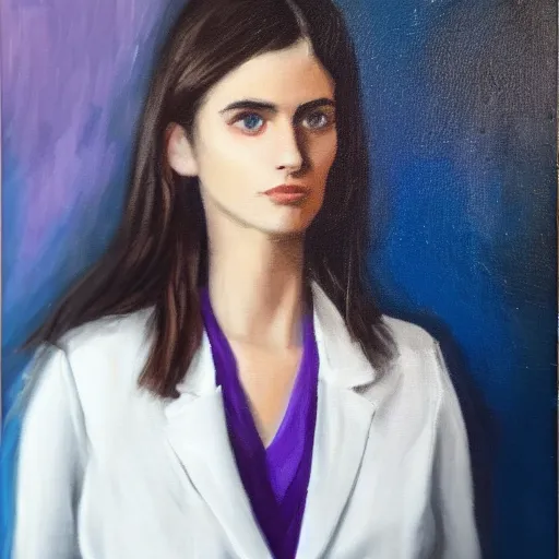 Image similar to 1 8 year old white shirt, purple blazer jacket, brunette, beautiful woman, determined, fearless, sharp looking portrait, oil painting