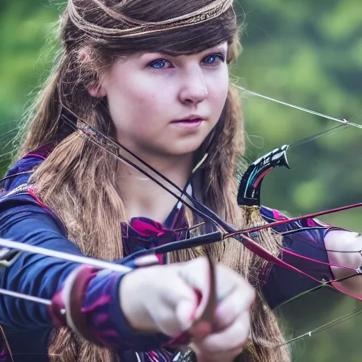 Image similar to photography of archery girl, bow hunting women, archerty with bow and arrows, uhd 8 k, highly detailed, very realistic