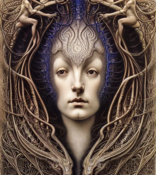 Image similar to detailed realistic beautiful horn goddess face portrait by jean delville, gustave dore, iris van herpen and marco mazzoni, art forms of nature by ernst haeckel, art nouveau, symbolist, visionary, gothic, neo - gothic, pre - raphaelite, fractal lace, intricate alien botanicals, biodiversity, surreality, hyperdetailed ultrasharp octane render