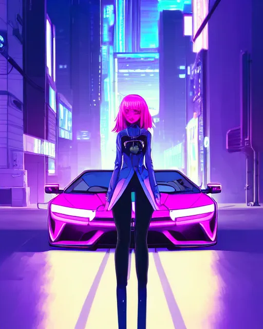 Prompt: digital illustration of cyberpunk pretty girl with blue hair, standing in front of a purple lamborghini, in city street at night, by makoto shinkai, ilya kuvshinov, lois van baarle, rossdraws, basquiat