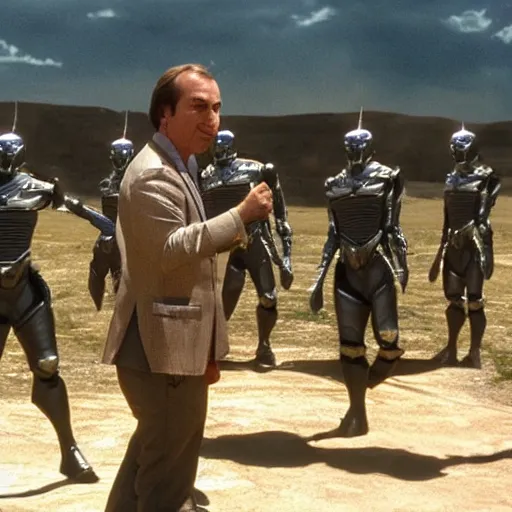 Prompt: Saul Goodman in Starship Troopers armor fighting bugs on Klendathu