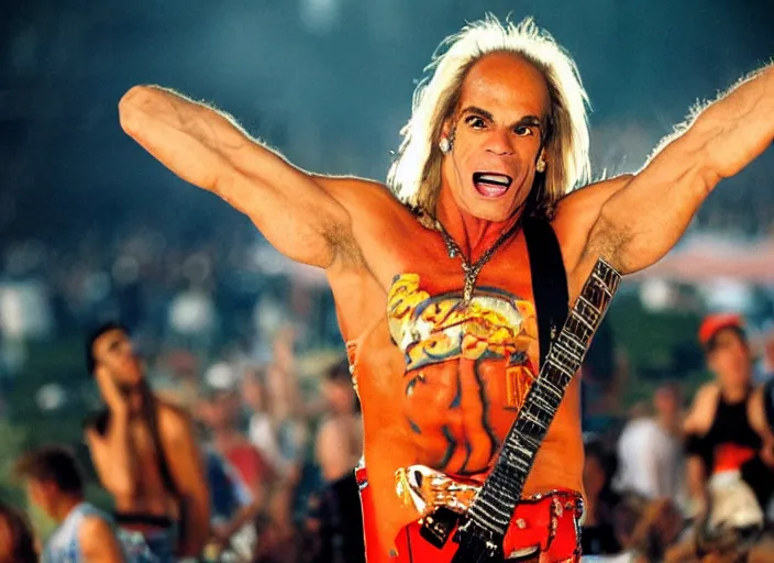 Image similar to photo still of david lee roth at the woodstock 9 9!!!!!!!! at age 3 6 years old 3 6 years of age!!!!!!!! on stage in spandex, 8 k, 8 5 mm f 1. 8, studio lighting, rim light, right side key light