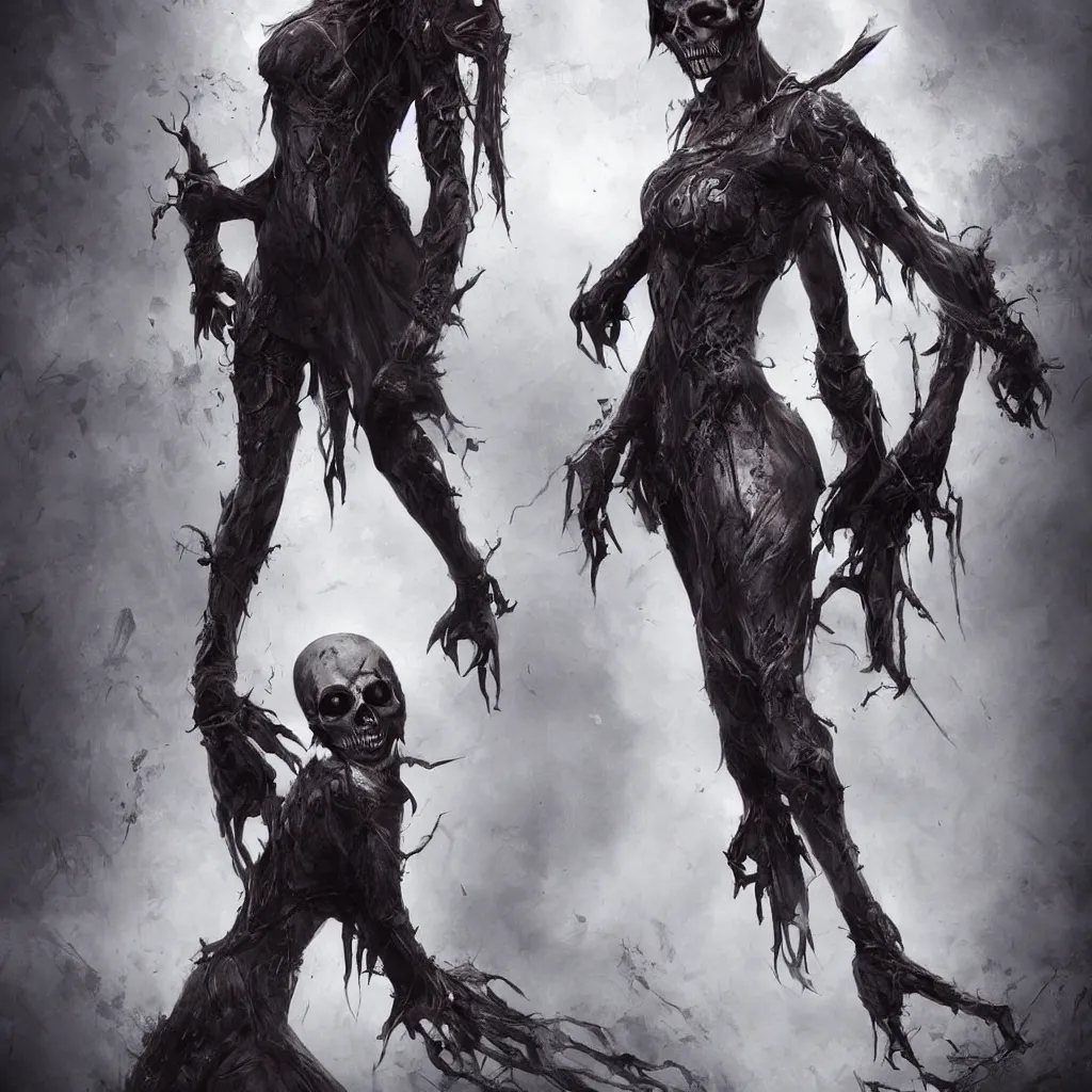 Image similar to female wraith, undead, dynamic pose, skull, terrifying, dark, fog, artstation