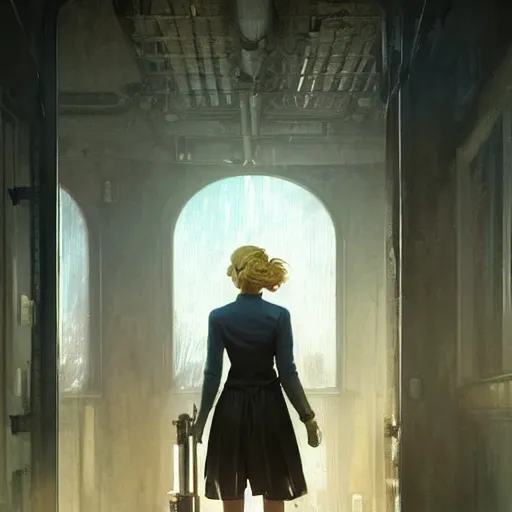 Prompt: Half portrait of a woman with blonde hair as a character in Fallout 4 walking in Boston City, gorgeous, beautiful, intricate, highly detailed, digital painting, artstation, oppressive lighting, concept art, sharp focus, illustration, art by greg rutkowski and alphonse mucha