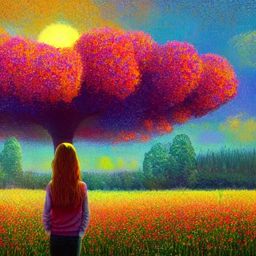 Image similar to girl made from surreal exploding flowers, standing in flower field, big trees, sunrise dramatic light, impressionist painting, colorful clouds, digital painting, pointillism, artstation, simon stalenhag