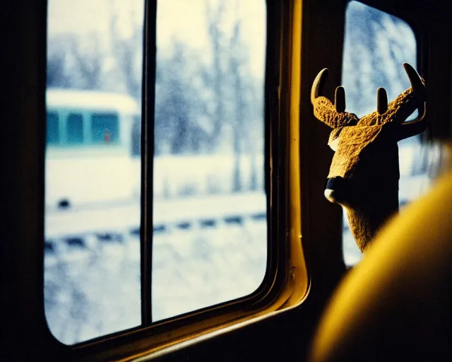 Image similar to a lomography photo of rumble between two human with deer head in soviet train this morning, bokeh,