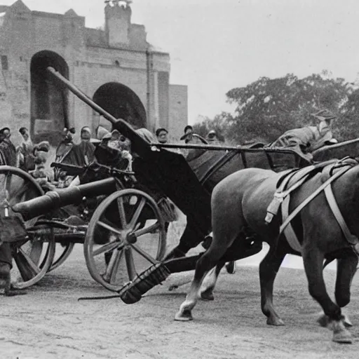 Image similar to a horse pulling a canon. the canon is harnessed to the horse and towed. the canon has a long barrel