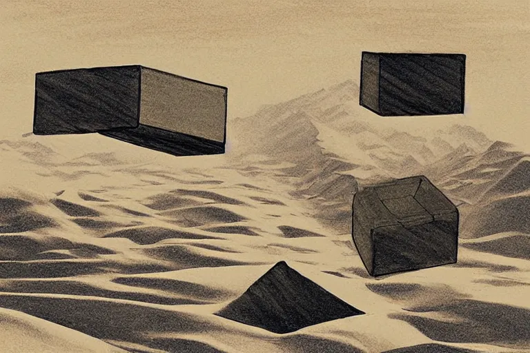 Prompt: giant cube floating above the desert concept sketch by joe johnston and nilo rodis - jamero and ralph mcquarrie and norman reynolds