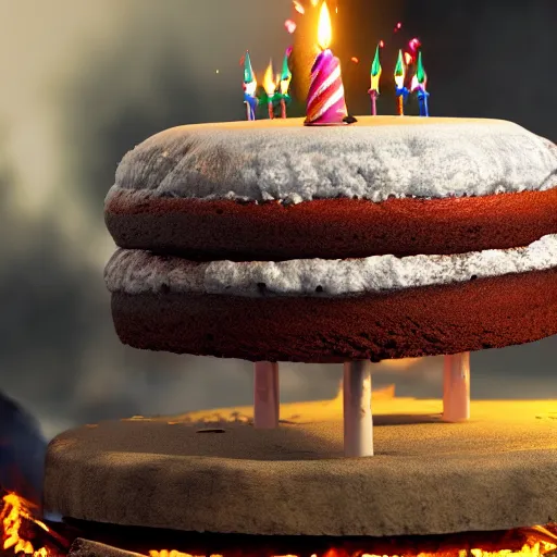 Prompt: a birthday cake made of a camp fire, space photography, concept art, octane render, unreal engine 5, highly detailed, high quality, 8 k, soft lighting,