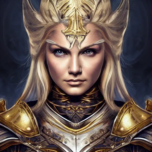 Prompt: head-on centered symmetrical painted portrait, Elisha Cuthbert as a paladin, blonde hair, gold and silver armour, dramatic lighting, intricate, fantasy, intricate, elegant, highly detailed, digital painting, smooth, sharp focus, illustration, dramatic lighting, artstation, in the style of Artgerm and Anna Podedworna