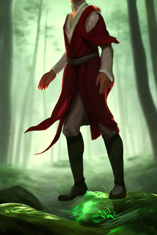 Prompt: a human elemental sorcerer, forest setting, colorful magic, male, white skin, young, sharp, concept art, dynamic lighting, unreal engine