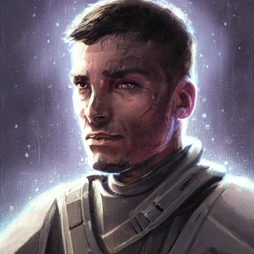 Image similar to portrait of a man by greg rutkowski, a soldier of the galactic dominion, wearing a purple and gray tactical gear, star wars expanded universe, highly detailed portrait, digital painting, artstation, concept art, smooth, sharp foccus ilustration, artstation hq