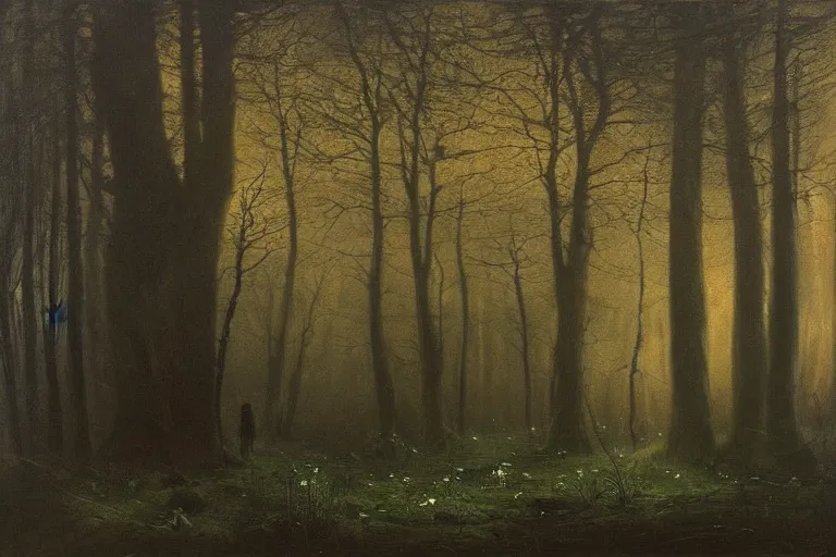 Image similar to dark and spooky painting of a forest dimly lit at night with tiny purple morning glory flowers trailing at the base of trees. foggy cinematic volumetric darkness, muted colour palette, detailed oil painting on canvas robert hughes, john everett millais