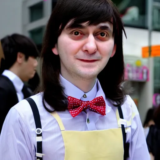 Prompt: cute looking martin shkreli in maid dress photographed at harajuku tokyo street fashion event,