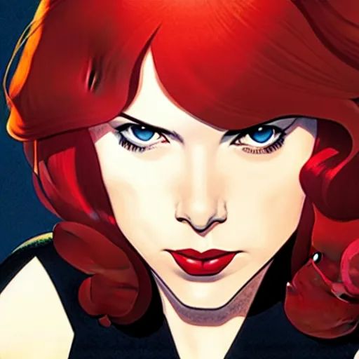 Image similar to phil noto comicbook cover art, black widow marvel, symmetrical eyes, long red hair, full body, city rooftop