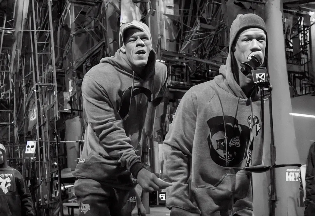 Prompt: john cena with a gray cap and a gray hoodie with the hood on. John Cena rapping in front of a crowd of people. Industrial setting. Lose yourself by eminem music video.