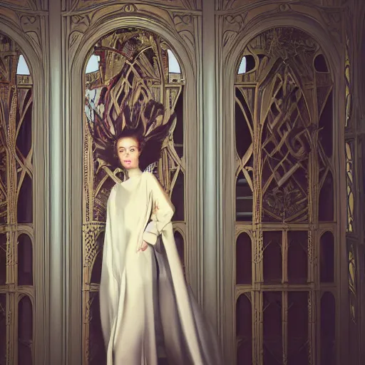 Image similar to long shot kodak portra 4 0 0, 8 k, volumetric lighting, highly detailed, britt marling style 3 / 4 fine art portrait photography in style of paolo roversi, orchid, 3 d render 1 5 0 mm lens, art nouveau fashion royal, art nouveau temple in background, elegant hyperrealistic ultra detailed, 8 k