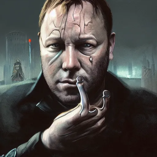 Prompt: portrait of a Alex Jones dressed as Neo from The Matrix, matte painting of Orwellian dystopia, by Antonio Caparo and tyler edlin and Greg Rutkowksi, tonalism, concept art, gothpunk illustration, detailed, UHD, photorealistic, trending on artstation