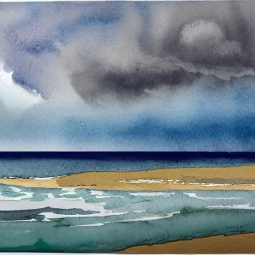 Image similar to a watercolor landscape panorama of a cozy seaside village with a menacing storm cloud on the ocean horizon, highly detailed, masterpiece, very very aesthetic, by anthony micallef