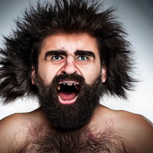 Image similar to A small angry hairy man with wild hair and huge claws. He might be Canadian