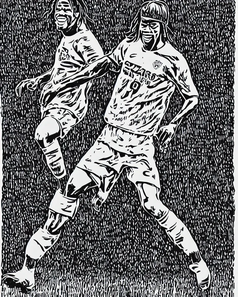 Prompt: a detailed lifelike linocut engraving of ronaldinho gaucho