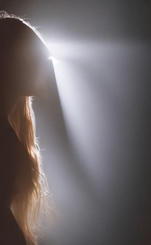 Image similar to sunlight study photography of a beautiful woman standing next to a window illuminating her with god rays, volumetric fog, smoke, depth of field