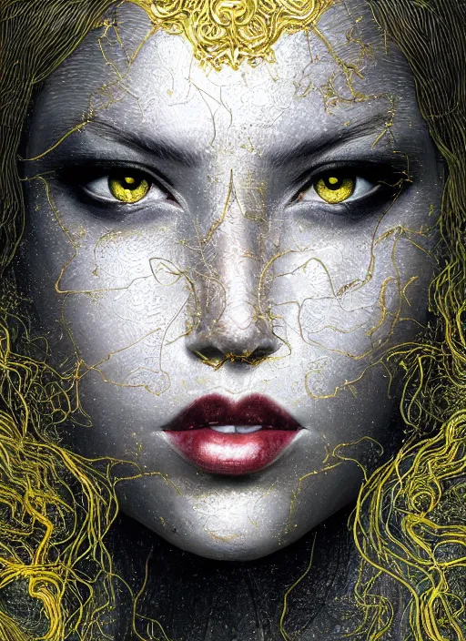 Prompt: glowing silver and golden elements, full close-up portrait, crow from shutterstock, book cover, green forest, white moon, red lips, establishing shot, extremly high detail, photo-realistic, cinematic lighting, pen and ink, intricate line drawings, by Yoshitaka Amano, Ruan Jia, Kentaro Miura, Artgerm, post processed, concept art, artstation, matte painting, style by eddie mendoza, raphael lacoste, alex ross